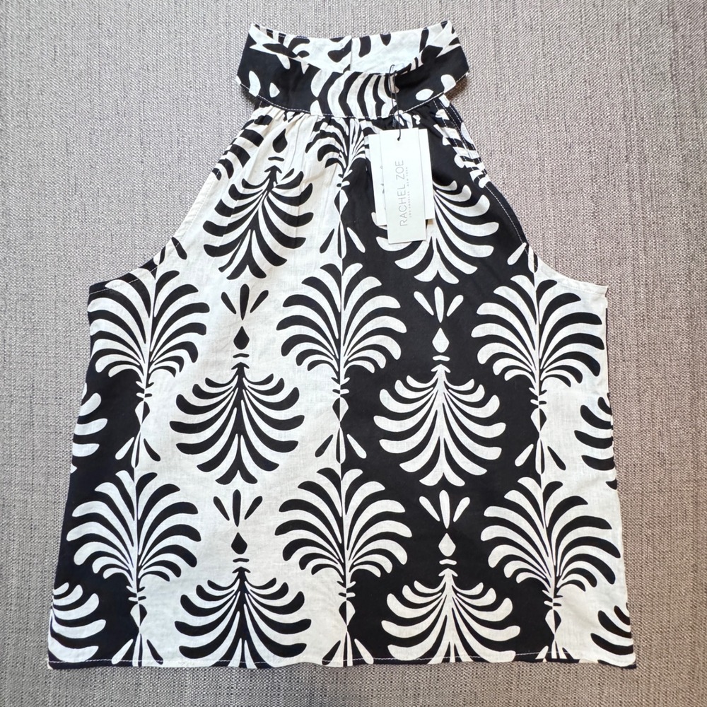 Rachel Zoe Womens Black White Linen Blend Halter Neck Palm Print Blouse L NEW